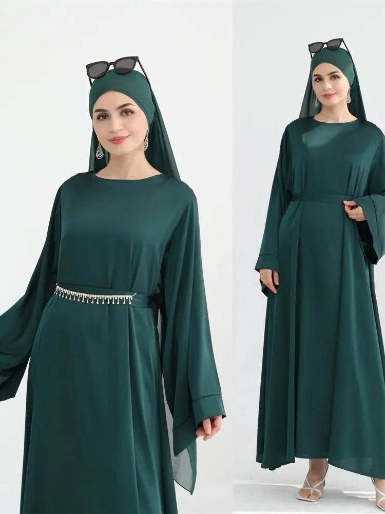 Saviig Ramadan Eid Satin Abaya Set for Women - Luxury Dubai Chain Hijab Dress