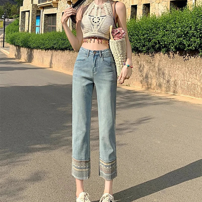 Saviig Spliced Straight Denim Pants: High Waist Ankle-Length Korean Jeans