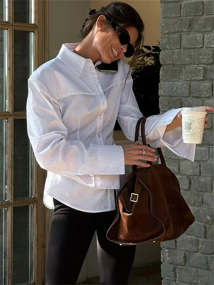 Saviig White Casual Lapel Shirt with Long Sleeve for Women in 2025