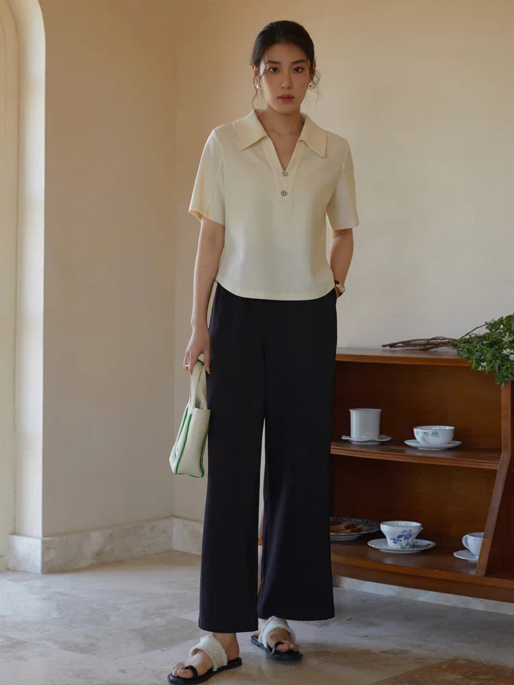 Saviig Coolness Pants: Women's Summer Straight Solid Color Elastic Waist Casual All-match.