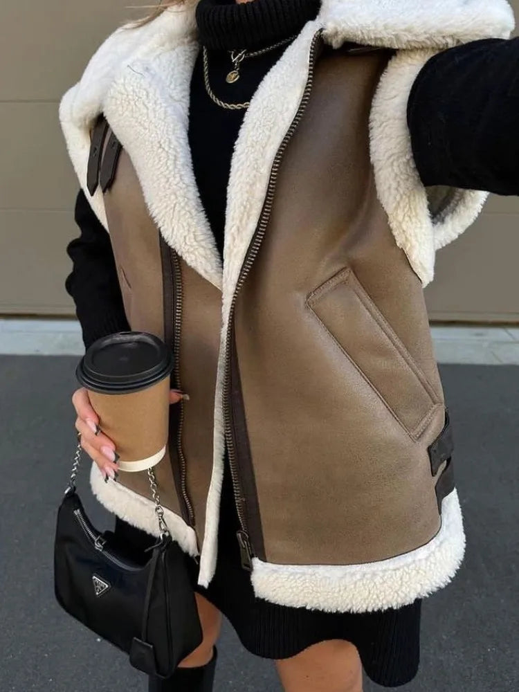 Saviig Contrast Cardigan Vest Sleeveless Zipper Pocket Patchwork Fashion Women's Jackets