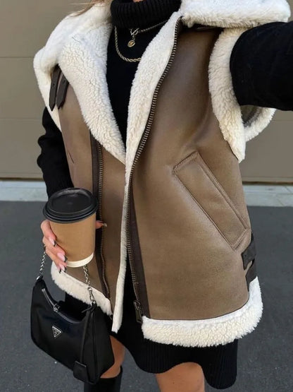 Saviig Contrast Cardigan Vest Sleeveless Zipper Pocket Patchwork Fashion Women's Jackets