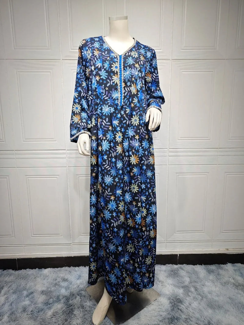 Saviig Floral Print Diamond Eid Abaya Dress for Women - Muslim Party Kaftan Dubai