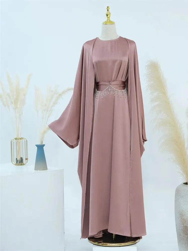 Saviig Ramadan Satin Abaya Dubai Set - Muslim Prayer Clothes Caftan Robe Femmes