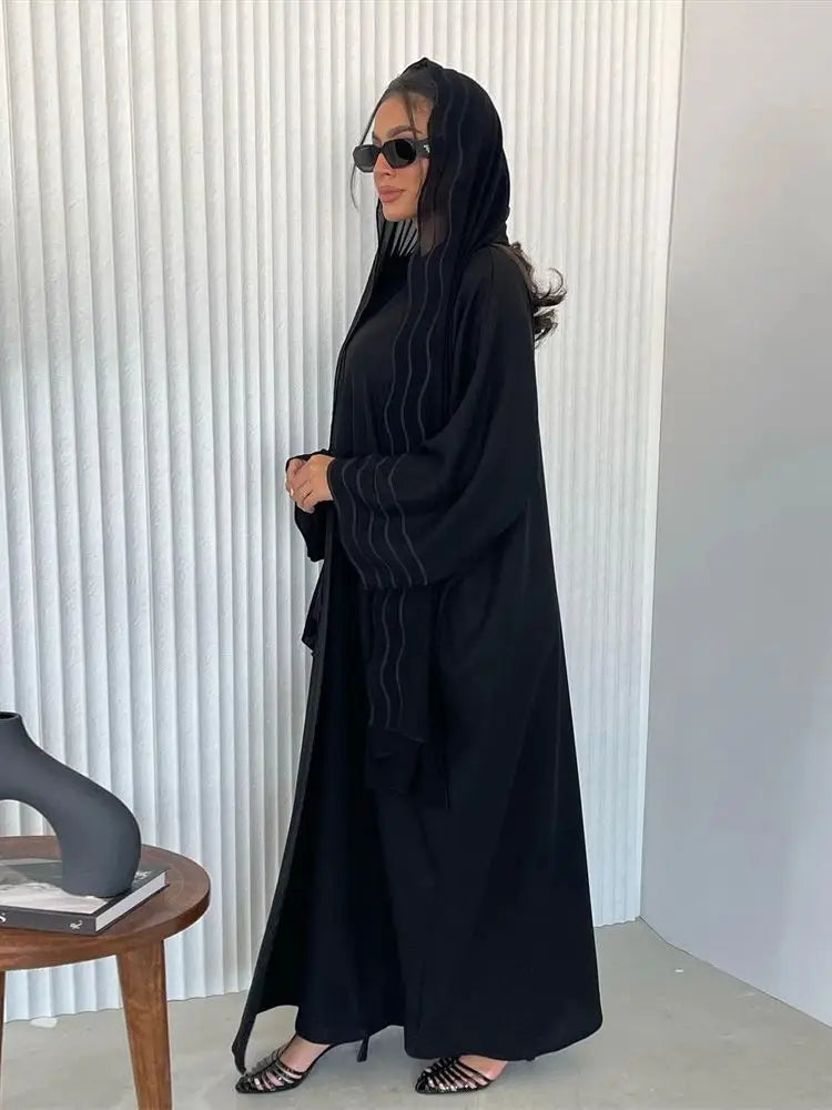 Saviig Ramadan Eid Kimono Abaya Set for Women in Gray Black