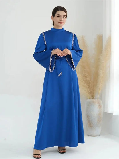 Saviig Ramadan Satin Diamond Abaya Dress for Muslim Women