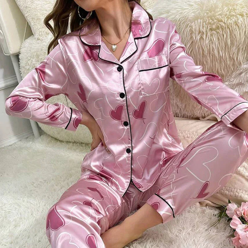 Saviig Heart Print Satin Pajama Set: Long Sleeve Top & Pants Lounge Wear