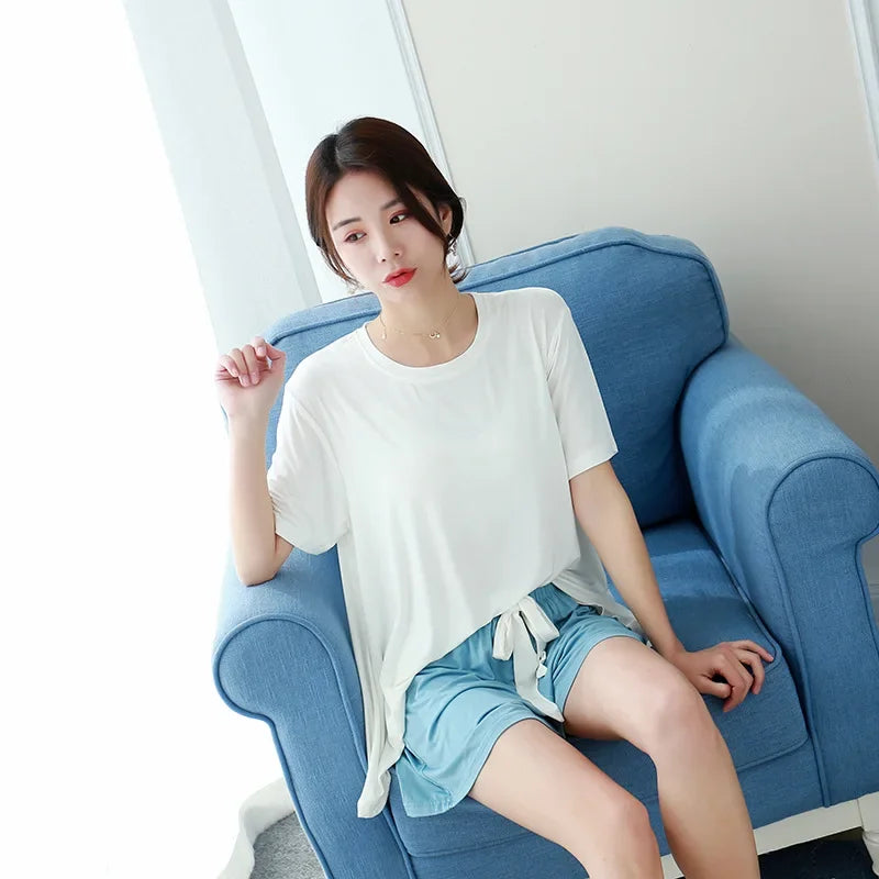 Saviig Modal Short Sleeve Pajama Set for Women, Loose Fit Home Loungewear