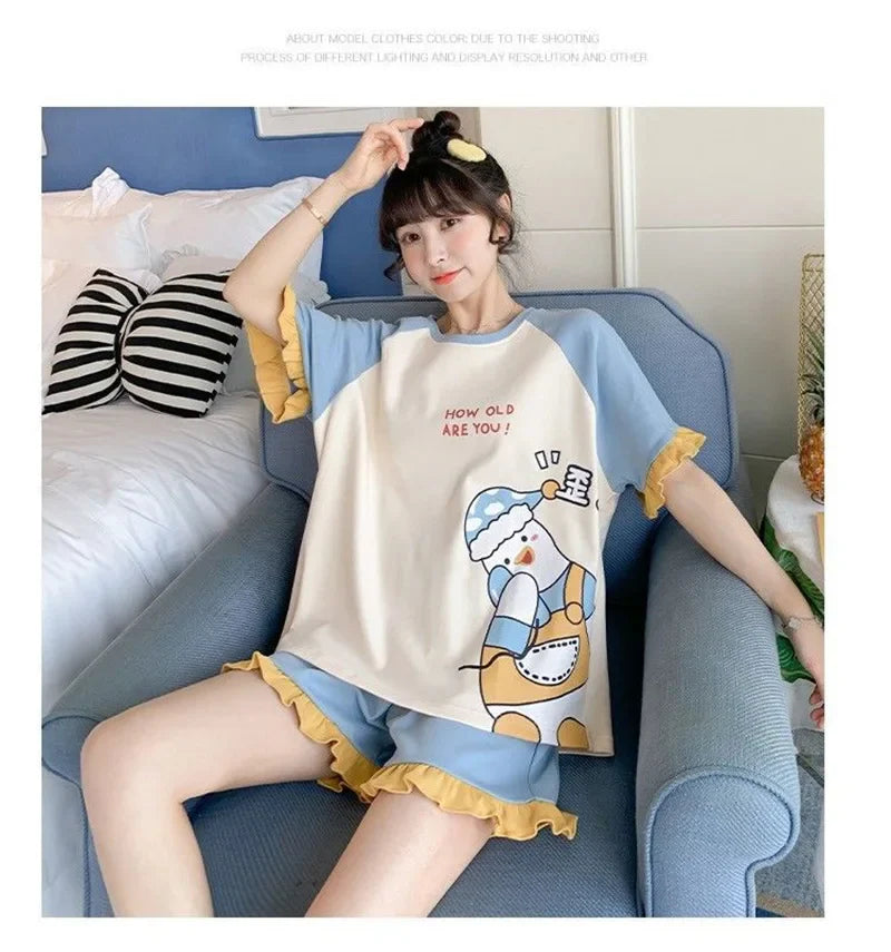 Saviig Summer Two-Piece Pajama Set - Loose Fit Short-Sleeve Homewear