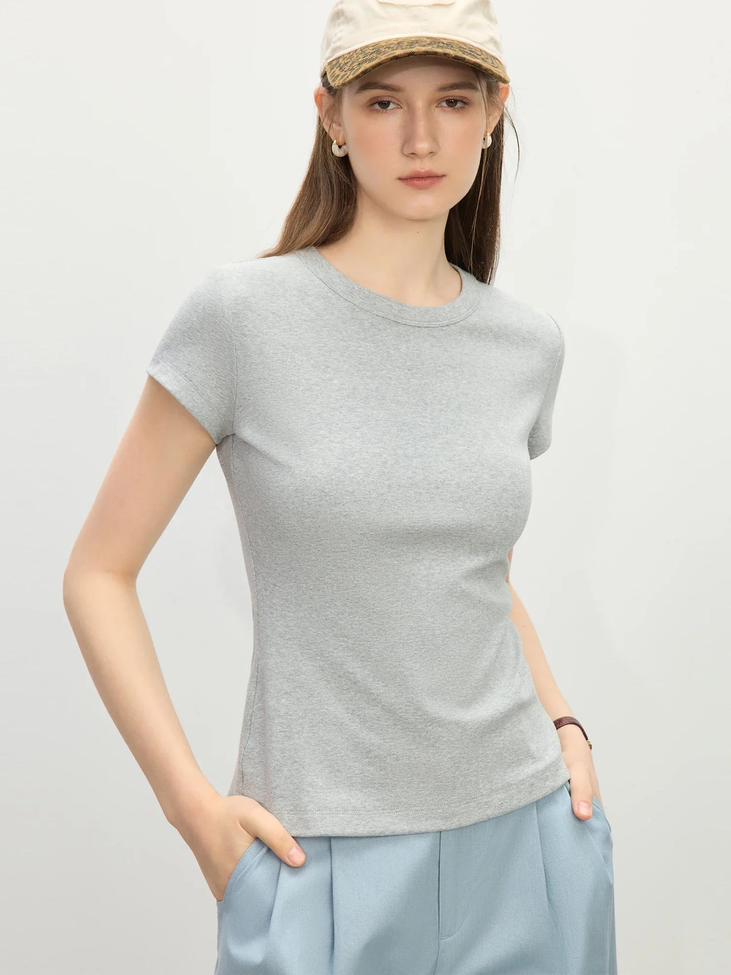 Saviig Pink Short-sleeve Round Neck T-shirt | 2025 Summer Slim Fit Top