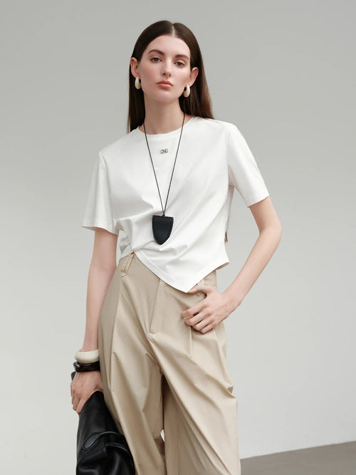 Saviig Short-sleeved Twisted Pleated T-shirt: Design-inspired Asymmetric Solid Color for Women