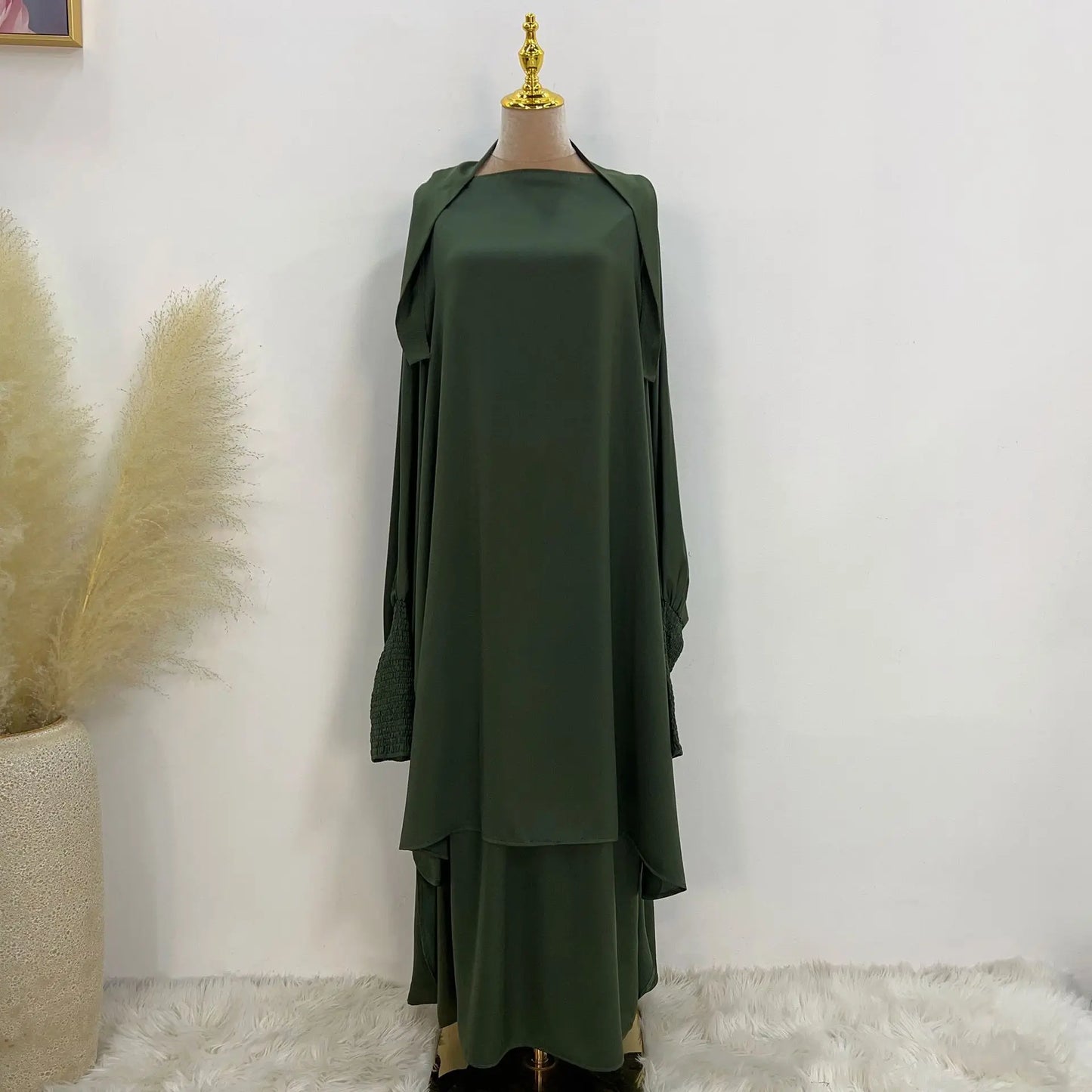 Saviig Satin Jilbab Set, Smocked Abaya, Khimar, Side Pocket Skirt