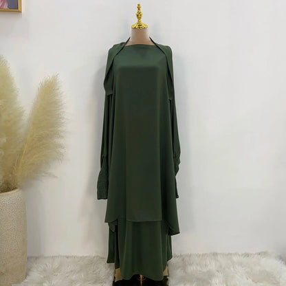 Saviig Satin Jilbab Set, Smocked Abaya, Khimar, Side Pocket Skirt