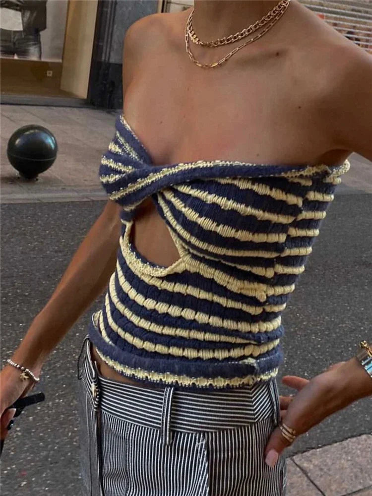 Saviig Striped Knit Tube Top - Sexy Off Shoulder Backless Bustier Streetwear