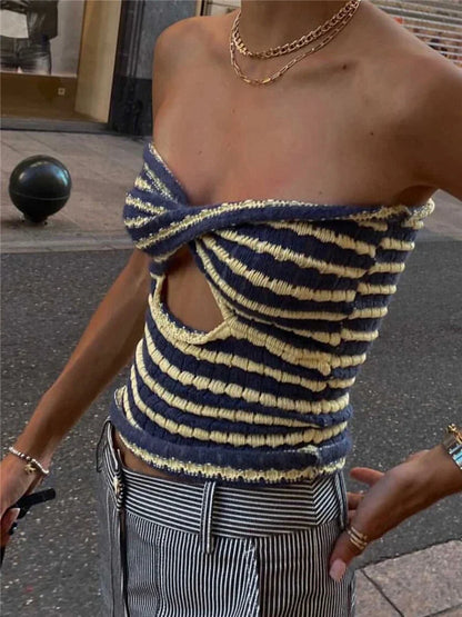 Saviig Striped Knit Tube Top - Sexy Off Shoulder Backless Bustier Streetwear