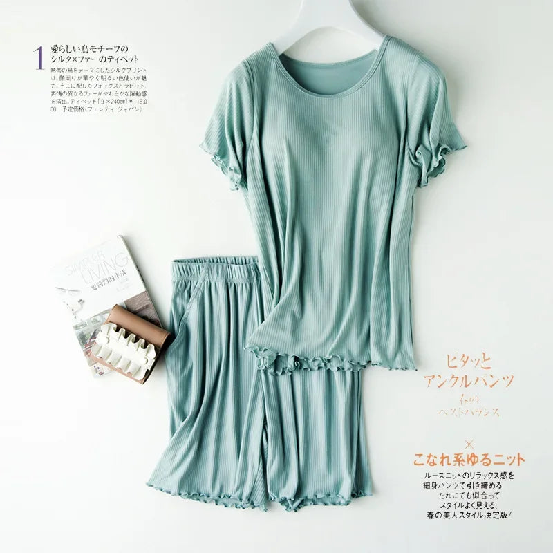 Saviig Knit Cotton Pajama Set with Chest Pad, Short Sleeve Top & Shorts
