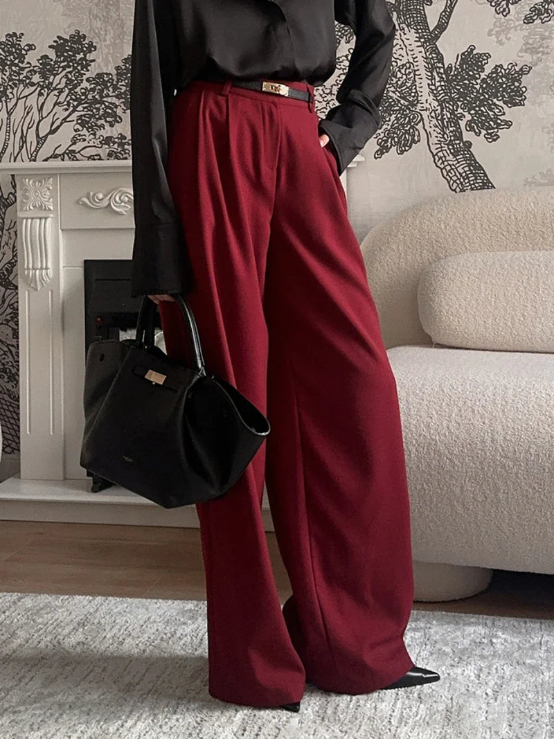 Saviig Burgundy Wide Leg Pants High Waisted Pleated Trousers