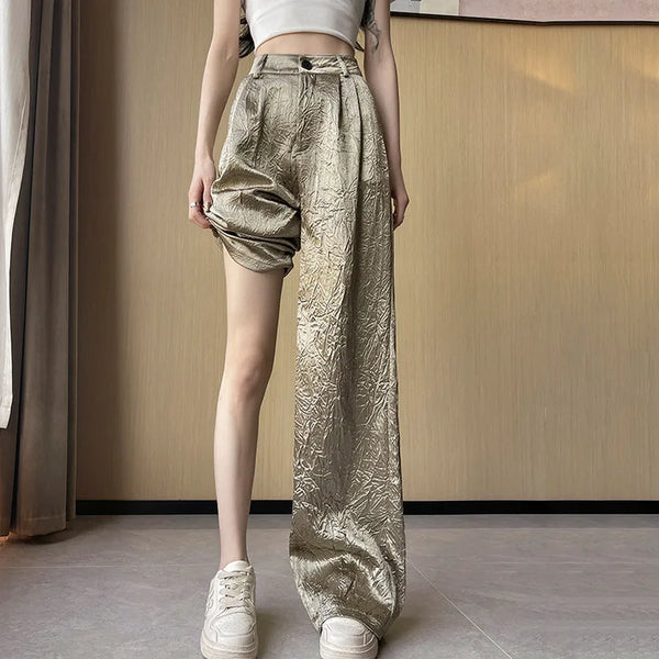 Saviig Wrinkled Straight Pants Women High Waist Wide Leg Trousers Silver Gold