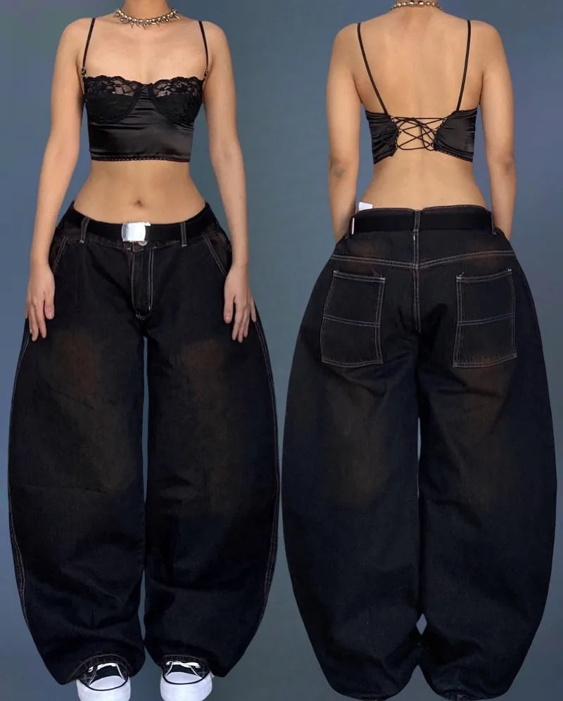 Saviig Black Washed Baggy Jeans: High Waist Wide Leg Pants