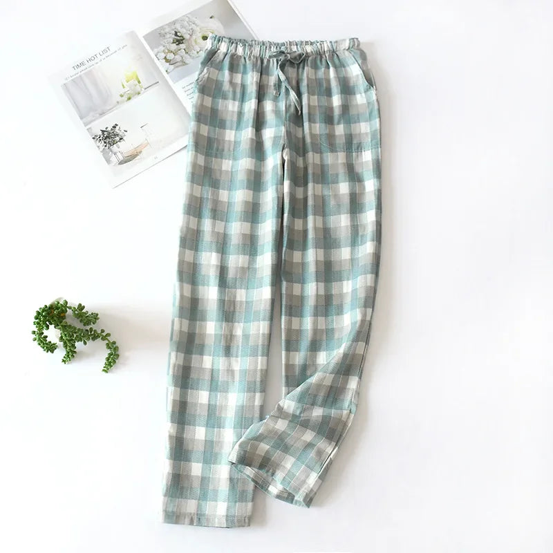Saviig Plaid Cotton Gauze Sleep Pants for Couples