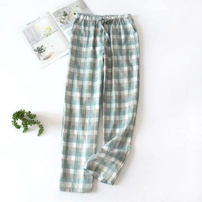 Saviig Plaid Cotton Gauze Sleep Pants for Couples