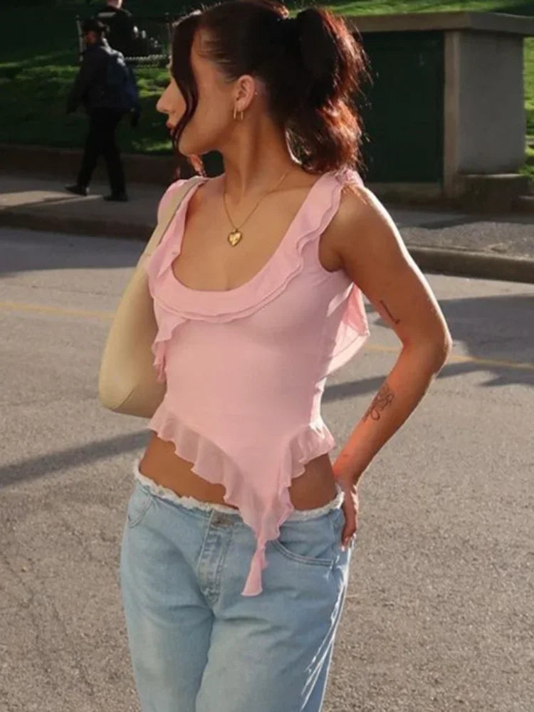 Saviig Ruffled Y2K Patchwork Strapless Tank Top
