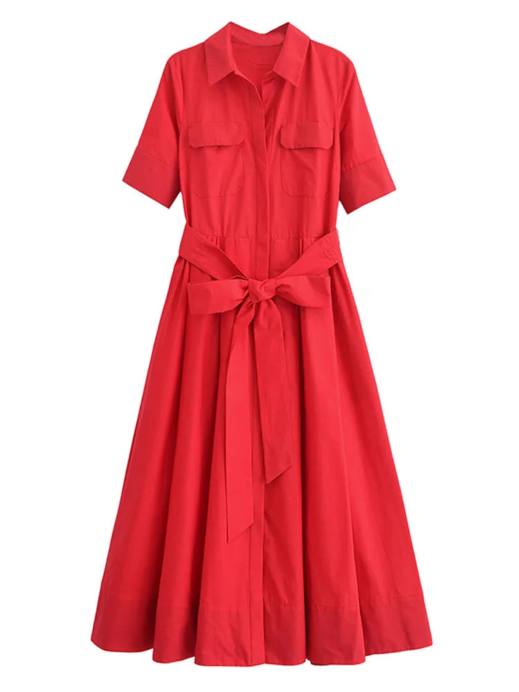 Saviig Retro Double Pocket A-line Dress, Half Sleeve, Lapel, Pleated, Daily Street Style