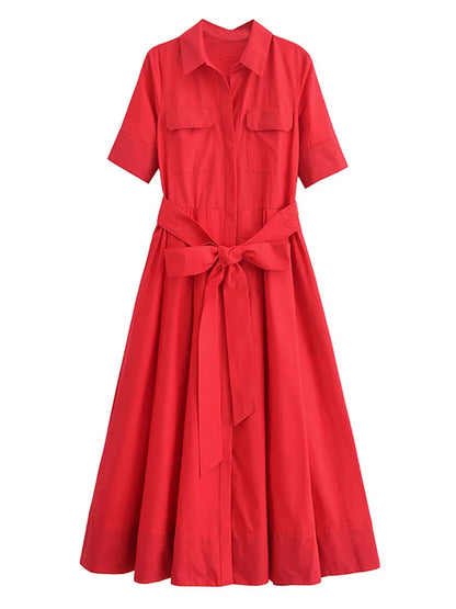 Saviig Retro Double Pocket A-line Dress, Half Sleeve, Lapel, Pleated, Daily Street Style