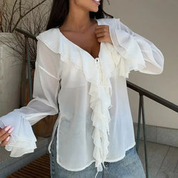 Saviig Summer White Chiffon Ruffle V-Neck Shirt