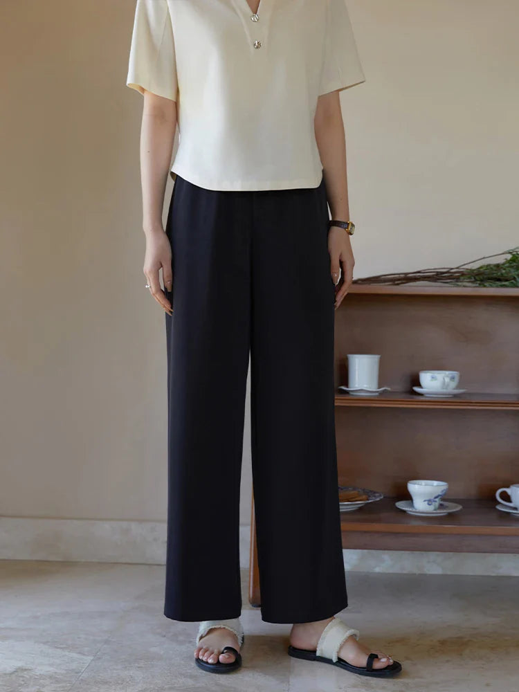 Saviig Coolness Pants: Women's Summer Straight Solid Color Elastic Waist Casual All-match.