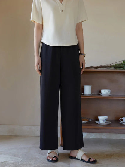 Saviig Coolness Pants: Women's Summer Straight Solid Color Elastic Waist Casual All-match.