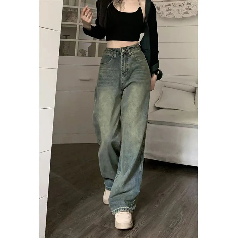 Saviig Vintage High-Waisted Distressed Denim Jeans Wide Leg Cowboy Pants