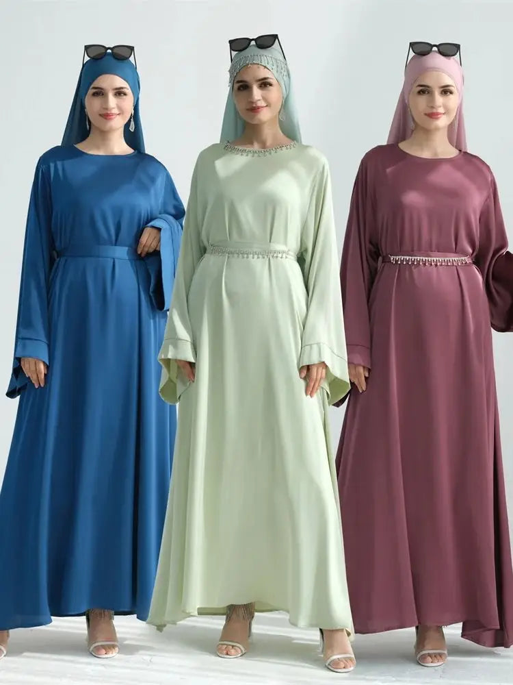 Saviig Ramadan Eid Satin Abaya Set for Women - Luxury Dubai Chain Hijab Dress