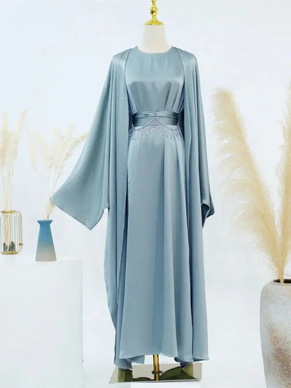 Saviig Ramadan Satin Abaya Dubai Set - Muslim Prayer Clothes Caftan Robe Femmes