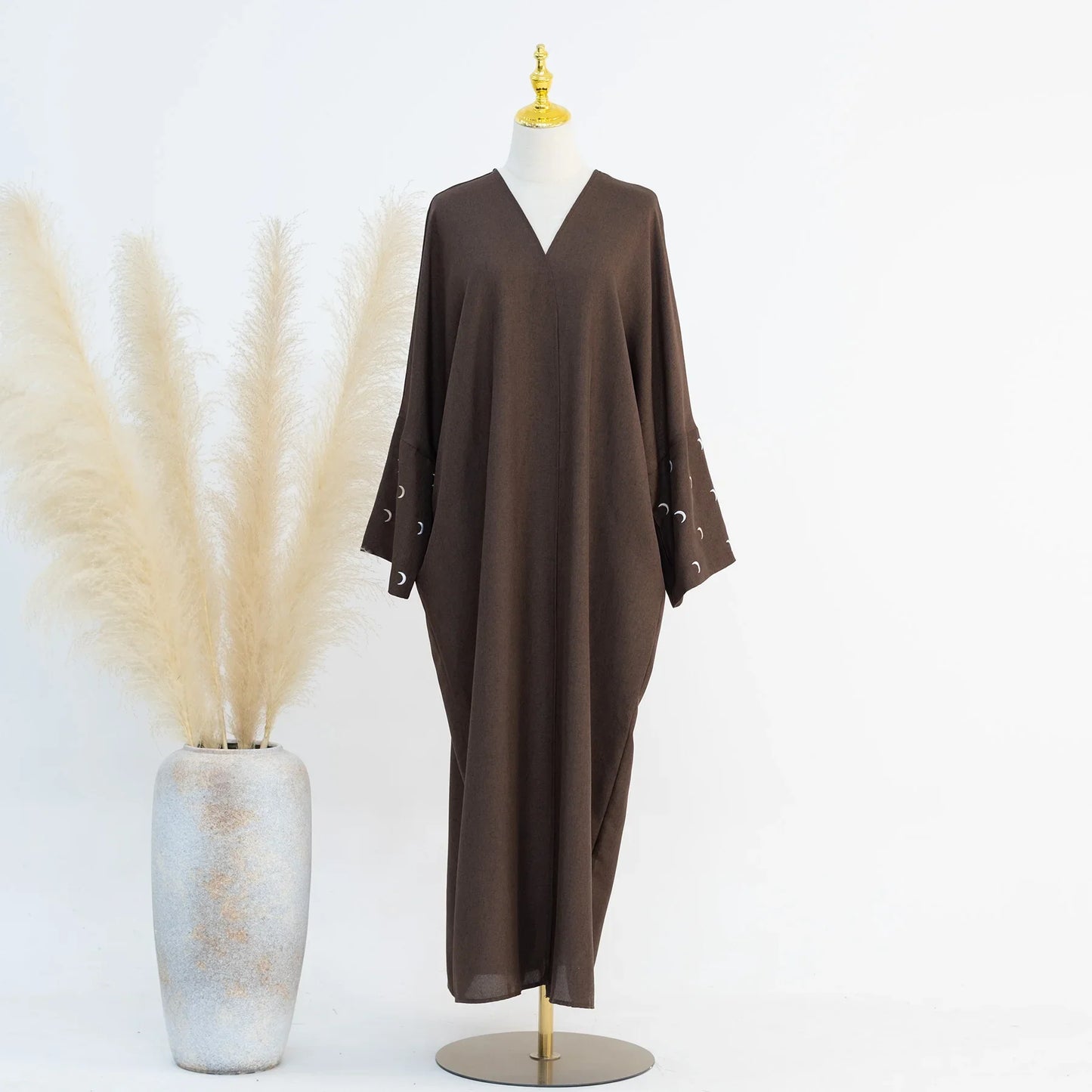 Saviig Moon Embroidery Open Abaya, Batwing Sleeves Kimono for Muslim Women