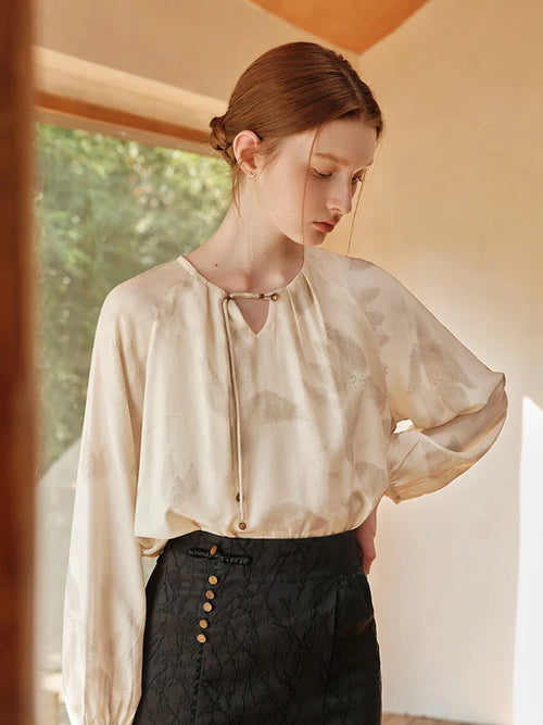 Saviig Beige Print Long Sleeve Blouse with Lace-Up Neck for Women