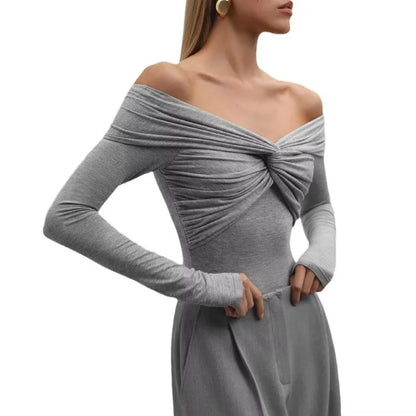 Saviig High Waist Off Shoulder Twist Top Slim Long Sleeve T-Shirt