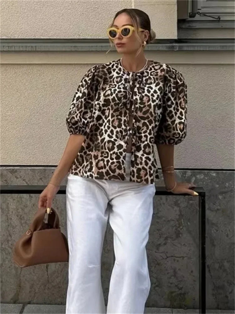Saviig Leopard Print Contrast Lace-Up Slim Bandage Shirt