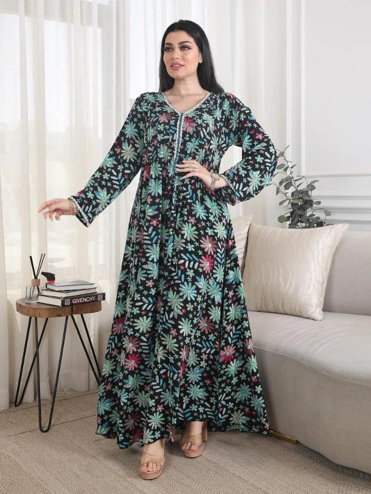 Saviig Floral Print Diamond Eid Abaya Dress for Women - Muslim Party Kaftan Dubai