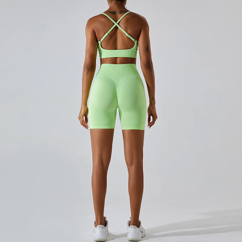 Saviig Seamless Ribbed Yoga Set: Crop Tank & High Waist Shorts Fitness Outfit