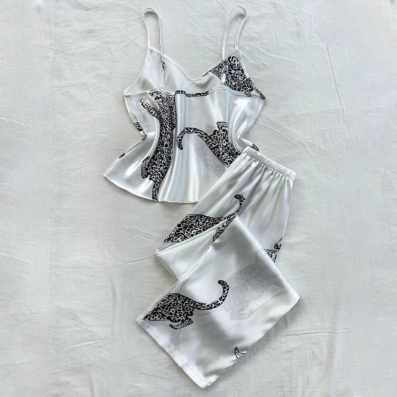 Saviig Sexy Leopard V-Neck Pajama Set: Top & Elastic Shorts for Women