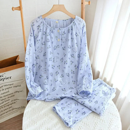 Saviig Cotton Crepe Floral Pajama Set - Pullover Top, Long Pants - Women's Spring & Autumn Fashion