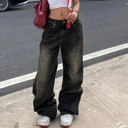 Saviig High Waist Loose Black Wide Leg Denim Jeans for Women, Y2K Streetwear Fashion