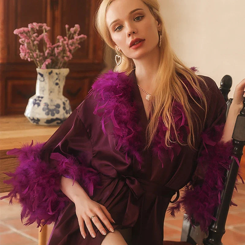 Saviig Elegant Feather Trim V-Neck Robe with Belt