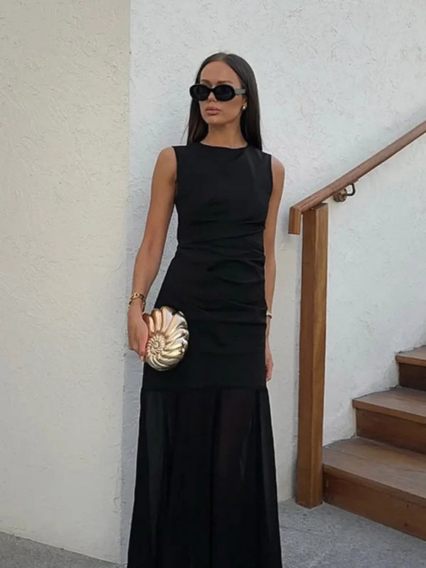 Saviig Black Sleeveless A-line Dress, Round Neck, High Waist - Summer Fashion