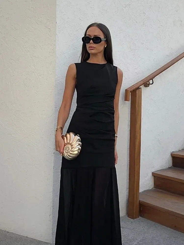 Saviig Black Sleeveless A-line Dress, Round Neck, High Waist - Summer Fashion
