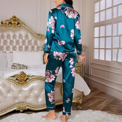 Saviig Floral Print Satin Pajama Set, Long-Sleeve Button Down Loungewear Costume