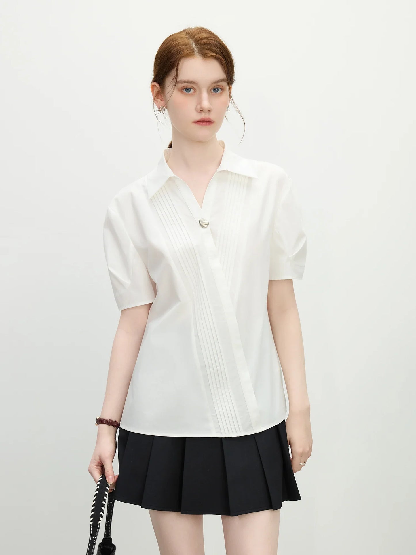 Saviig White V-Neck Short-Sleeve Top - 2025 Summer Minimalist Style