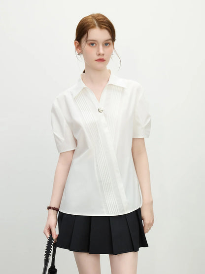 Saviig White V-Neck Short-Sleeve Top - 2025 Summer Minimalist Style