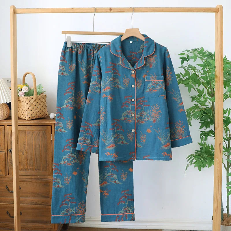 Saviig Retro Color Woven Pajama Set - 100% Cotton, Long Sleeve & Pants